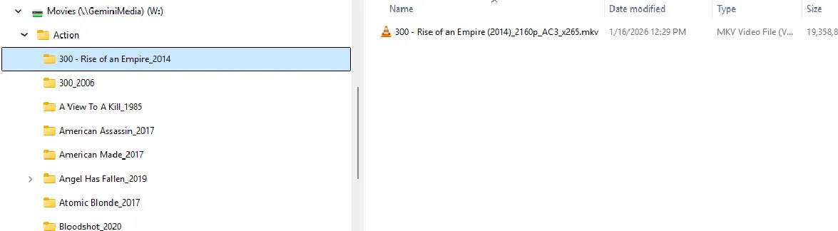 Movie stored in a genre subfolder, named “{Title} - {Subtitle}_{Year}”