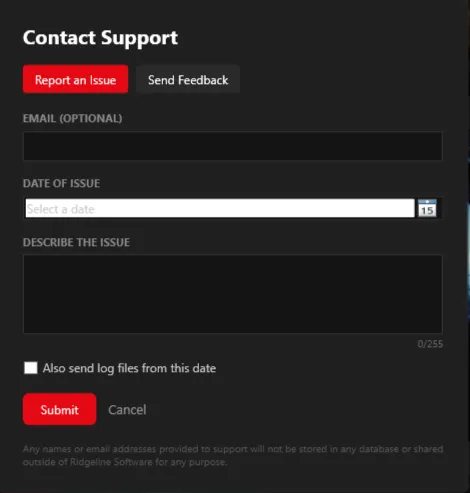 Contact Support overlay, Report an Issue tab
