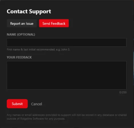 Contact Support overlay, Send Feedback tab