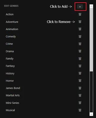 Edit Genres panel showing the add and delete icons