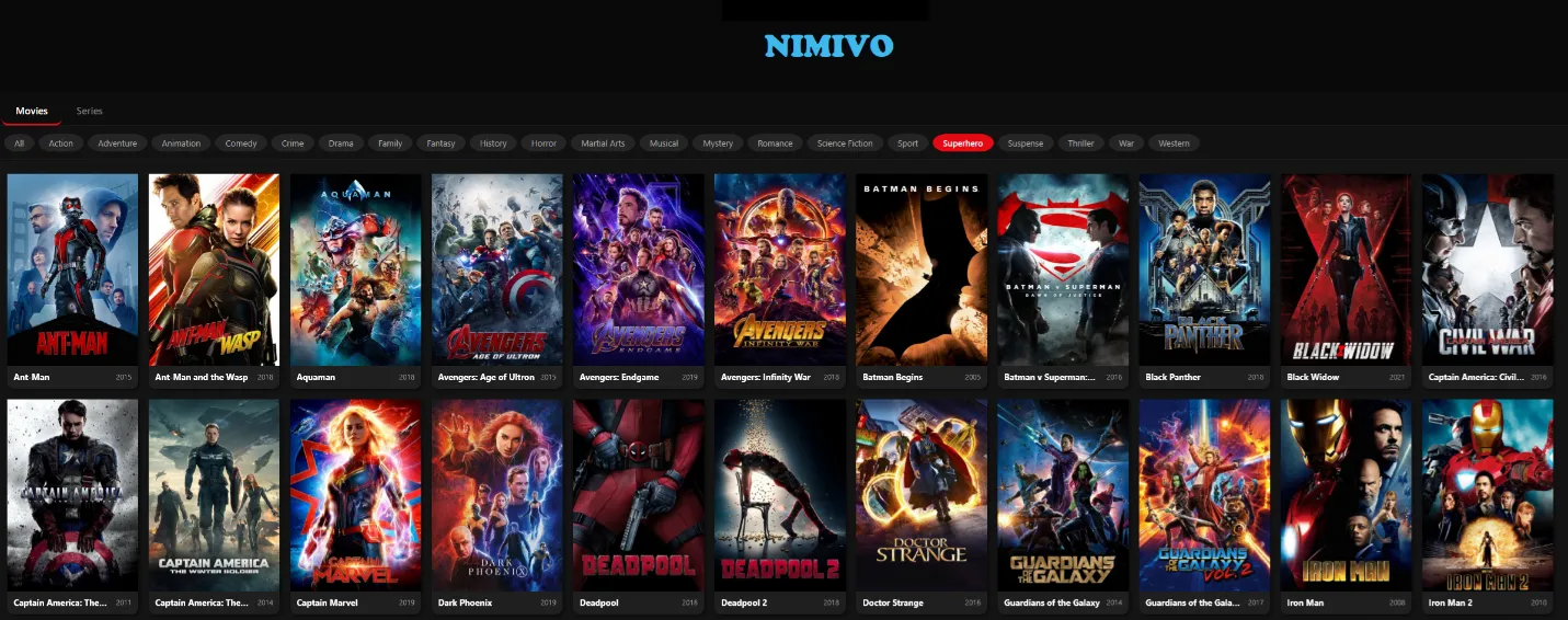 Movie grid filtered to the Superhero genre