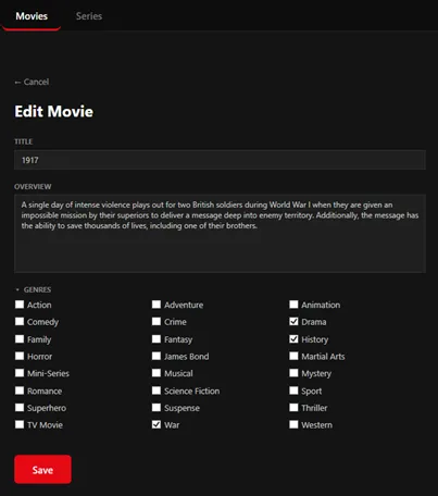 Edit Movie / Edit Series window